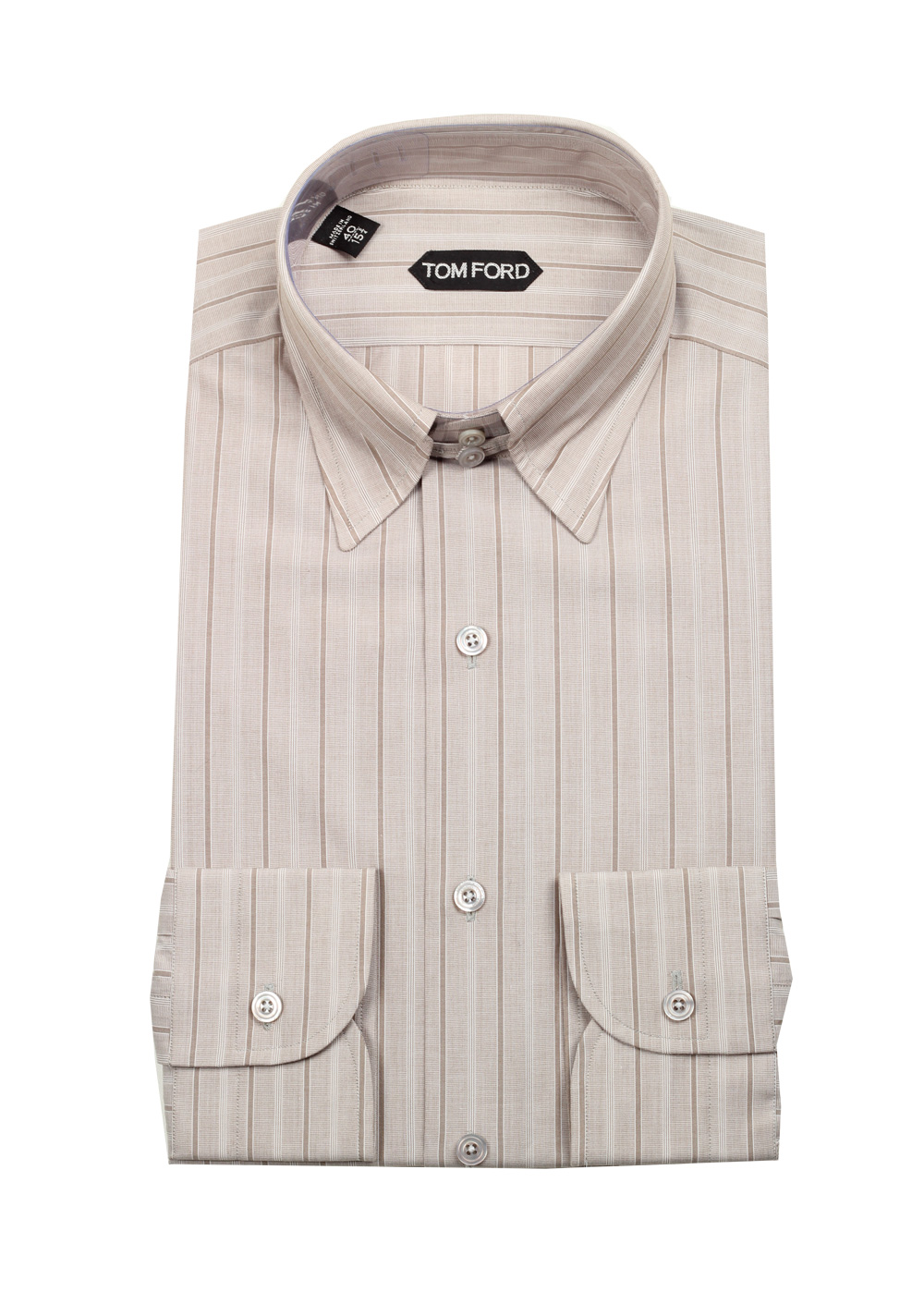 TOM FORD Striped Grayish Beige High Collar Dress Shirt Size 40 / 15,75 U.S. | Costume Limité