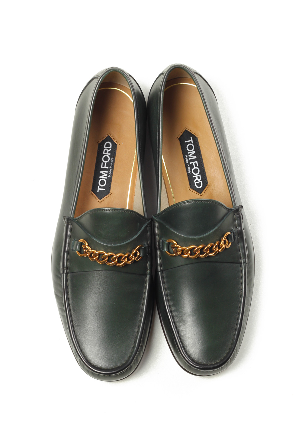 TOM FORD York Green Leather Chain Loafers Shoes Size 8,5 UK / 9,5 U.S. | Costume Limité