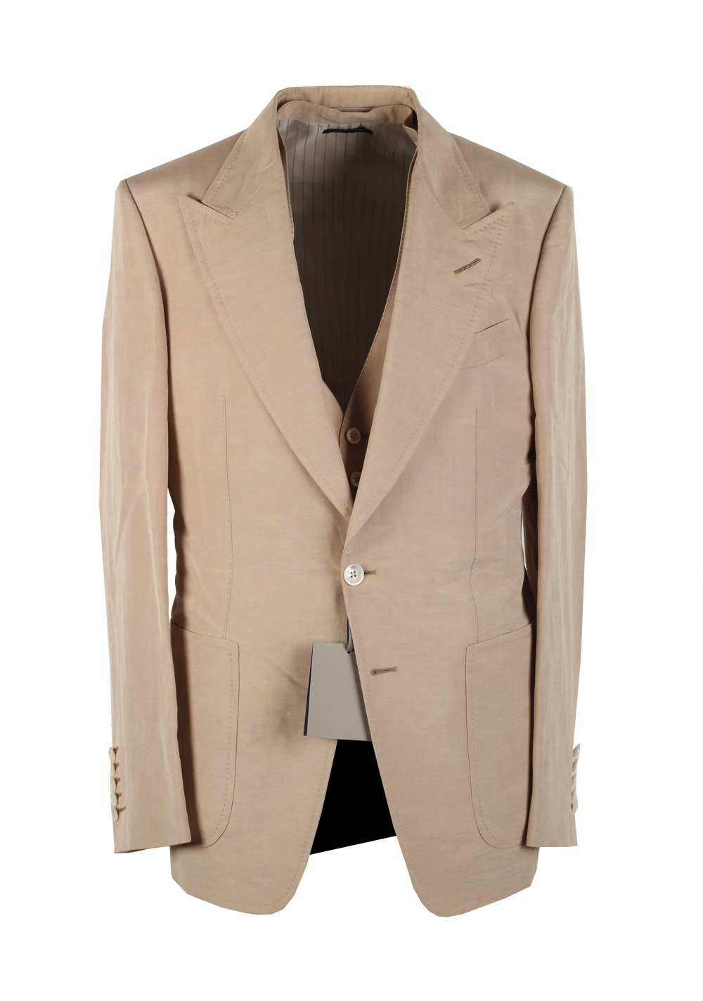 TOM FORD Shelton Beige 3 Piece Suit Size 48 / 38R U.S. In Linen Silk | Costume Limité