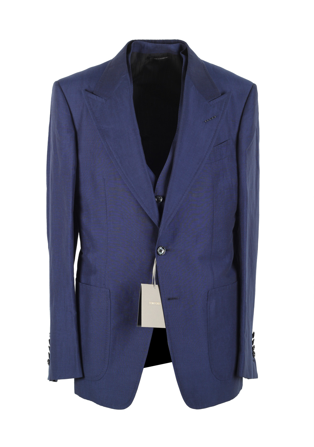 TOM FORD Shelton Blue 3 Piece Suit Size 48 / 38R U.S. In Linen Silk | Costume Limité