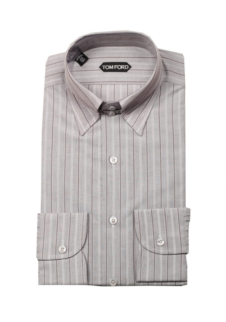 TOM FORD Striped Grayish Brown High Collar Dress Shirt Size 40 / 15,75 U.S. - thumbnail | Costume Limité