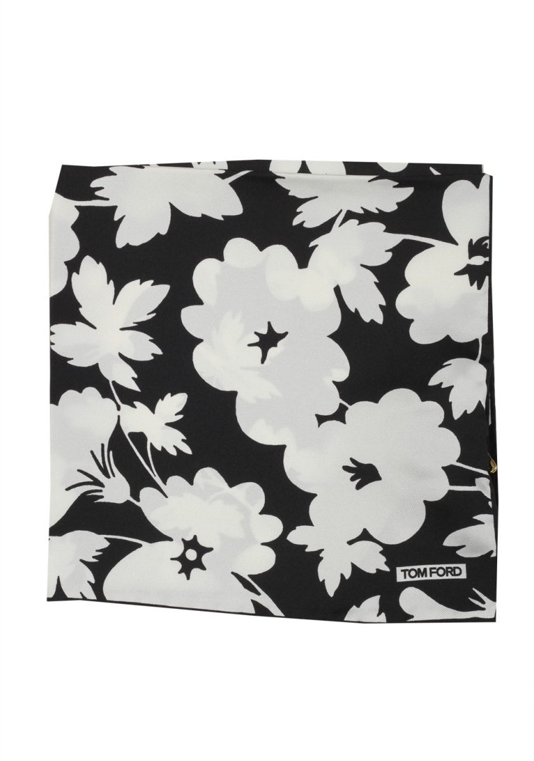 Tom Ford Black White Silk Pocket Square Floral Pattern 16″ x 16″ - thumbnail | Costume Limité