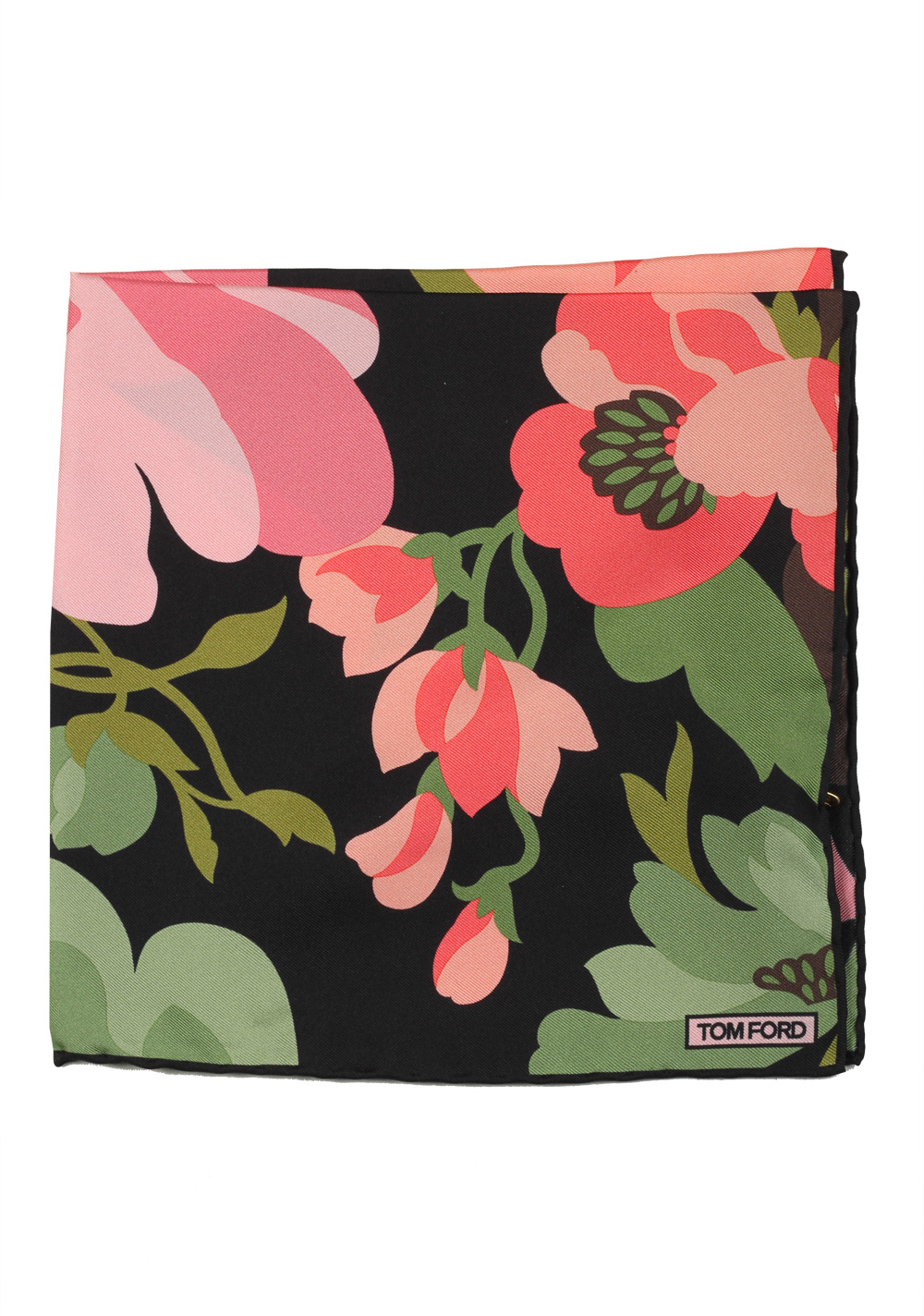 Tom Ford Black Green Pink Silk Pocket Square Floral Pattern 16″ x 16″ | Costume Limité