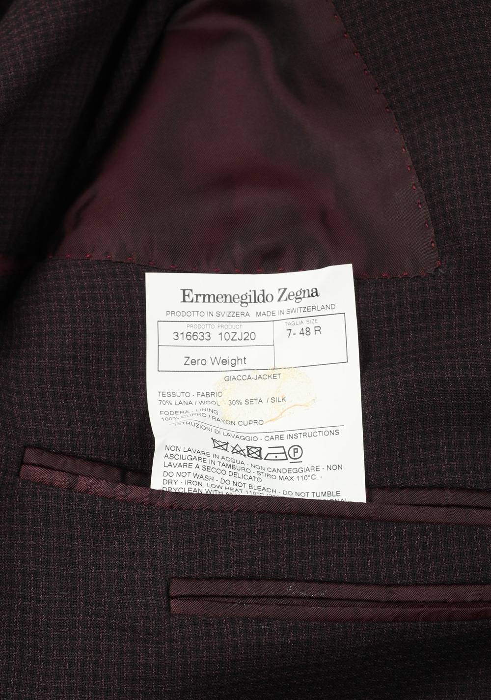 ZEGNA Zero Weight Burgundy Leggerissimo Checked Sport Coat Size 48 / 38R U.S. In Silk Blend | Costume Limité