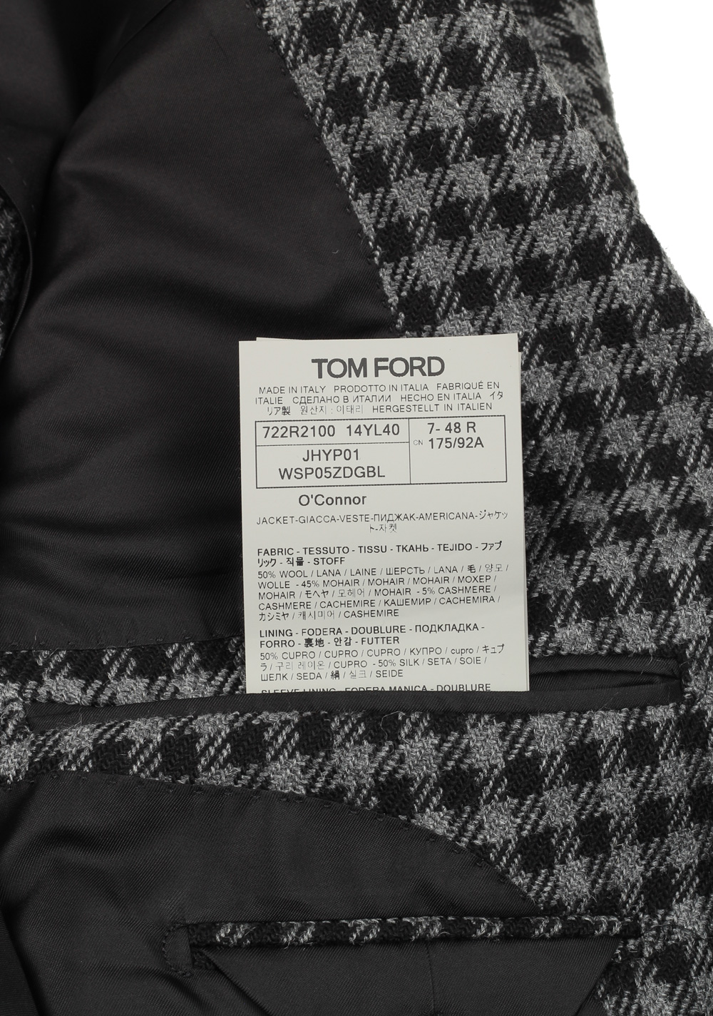 TOM FORD O’Connor Checked Black Gray Sport Coat Size 48 / 38R U.S. Fit Y | Costume Limité