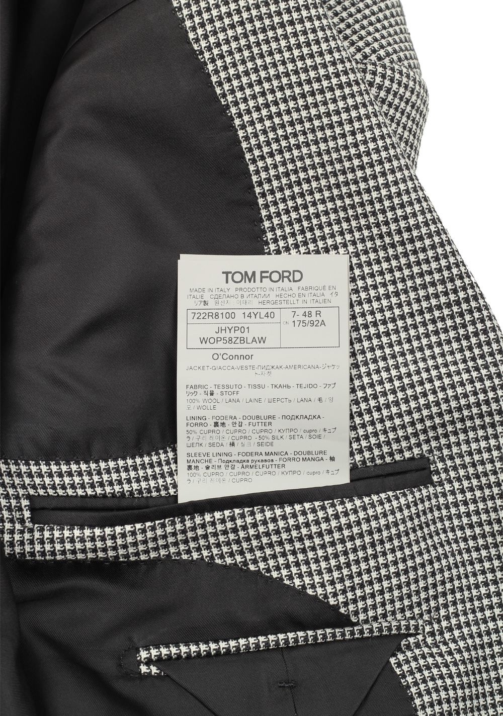 TOM FORD O’Connor Checked Black White Sport Coat Size 48 / 38R U.S. Fit Y | Costume Limité