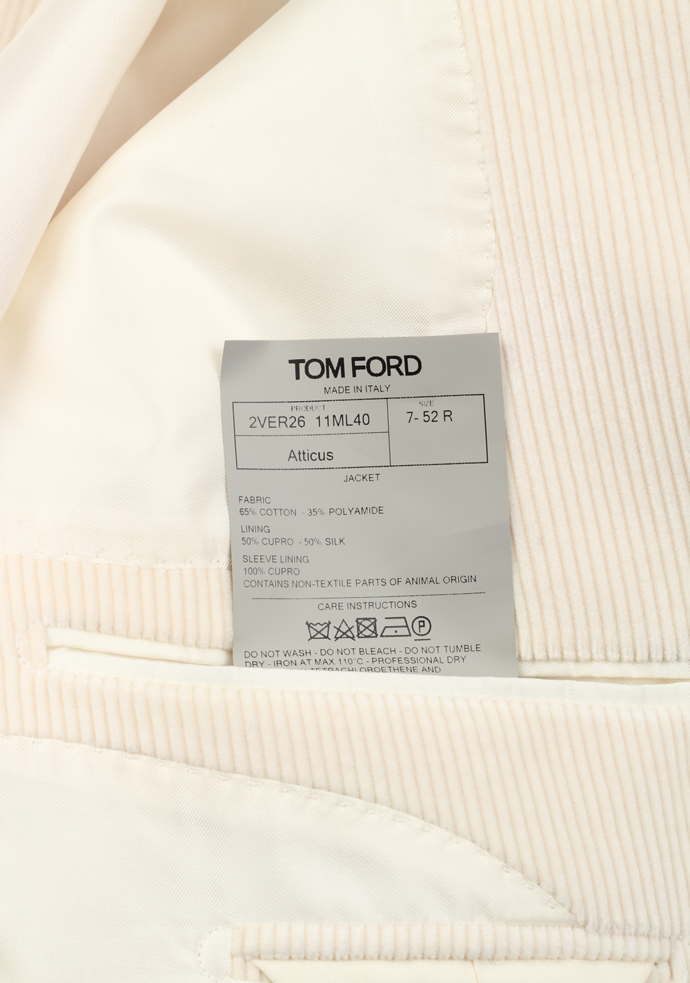 TOM FORD Atticus Off White Corduroy Sport Coat Size 52 / 42R U.S. | Costume Limité