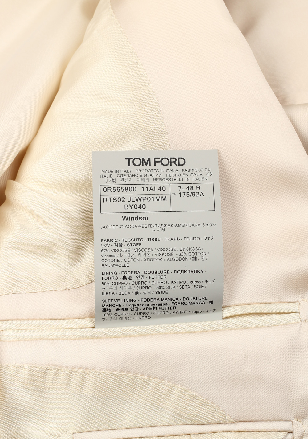 TOM FORD Windsor Solid Off White Sport Coat Size 48 / 38R U.S. Fit A | Costume Limité