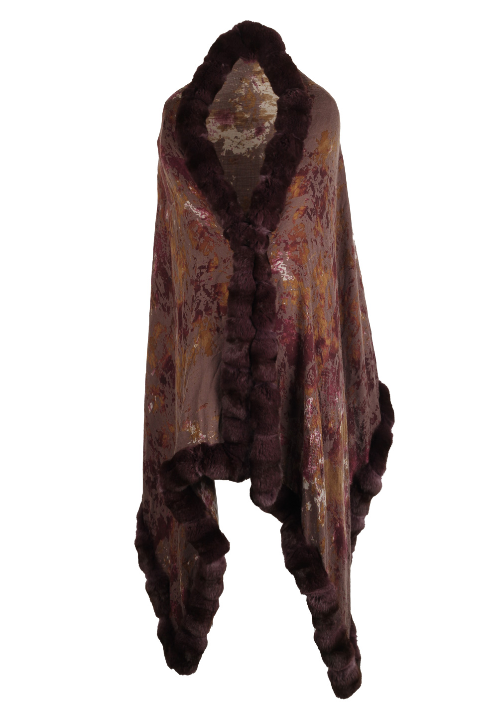 Loro Piana Brown Burgundy Chinchilla Cashmere Fur Trimmed Scarf Stole