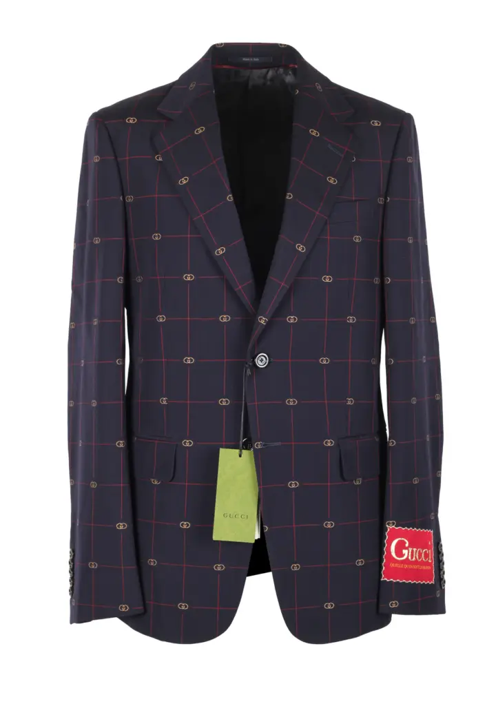Gucci Blue Red GG Signature Suit Size 46 / 36R U.S. In Wool