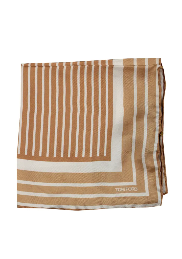Tom Ford Beige Silk Pocket Square Striped Pattern 16″ x 16″