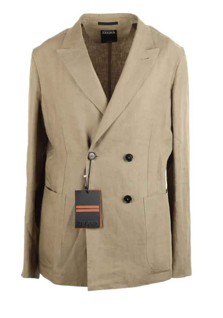 ZEGNA Oasi Linen Double Breasted Greenish Beige Sport Coat Size 48 / 38R U.S.